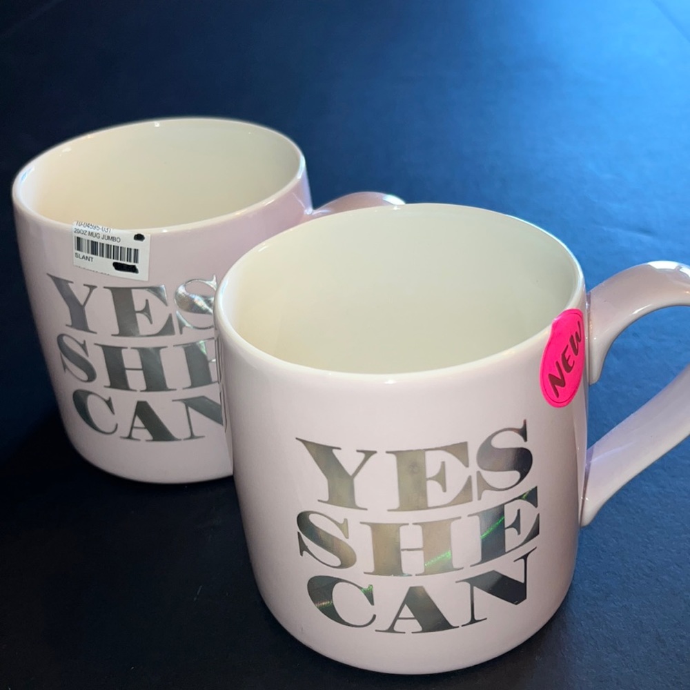 20oz ceramic coffee mug w/iridescent silver “YES SHE CAN”-2 available-new
